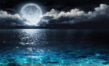Картинка природа ночь облака луна вода полнолуние