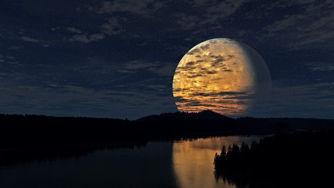 Обои картинки фото природа, ночь, луна, река, отражение, лес, облака, звёзды
