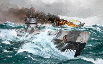обоя рисованное, армия, корабль, подводная, лодка, море, война