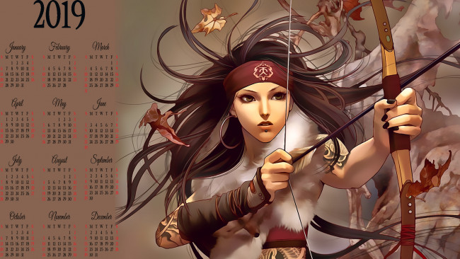 Обои картинки фото календари, фэнтези, девушка, стрела, лук