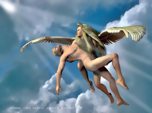 обоя календари, 3д-графика, ангел, крылья, мужчина, полет, облака, небо, calendar, 2020