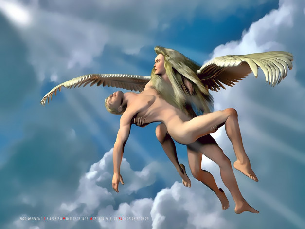 Обои картинки фото календари, 3д-графика, ангел, крылья, мужчина, полет, облака, небо, calendar, 2020