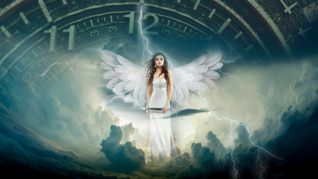 Обои картинки фото фэнтези, фотоарт, ангел, девушка, сказка, часы, крылья, белый, перья, меч
