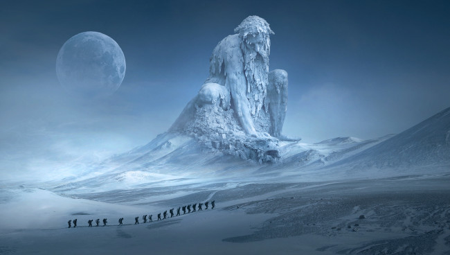 Обои картинки фото фэнтези, иные миры,  иные времена, долина, великан, дракон, лёд, снег, луна, экспедиция, планета, мороз, люди