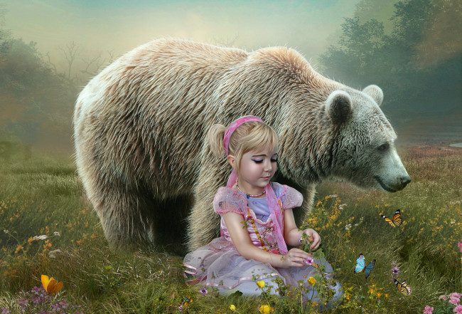 Обои картинки фото фэнтези, фотоарт, животное, сказка, ребёнок, девочка, хищник, медведь, маша