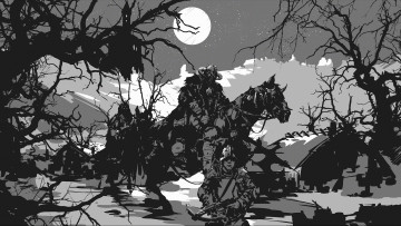 Картинка фэнтези нежить ночь горы деревья всадники дома