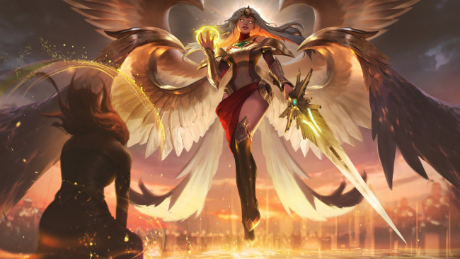 Обои картинки фото видео игры, league of legends, kayle, ангел, крылья, девушка, меч, магия