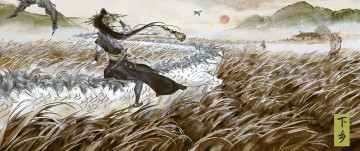 Картинка аниме животные +существа человек дракон поле люди птицы