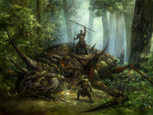 Картинка фэнтези существа копье лес