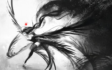 Картинка фэнтези девушки девушка крылья вода монохромное бег чулки длинные волосы чёрные