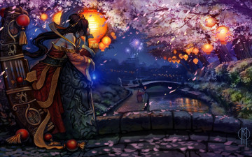 Картинка фэнтези девушки фейерверк фонари сакура город река мост