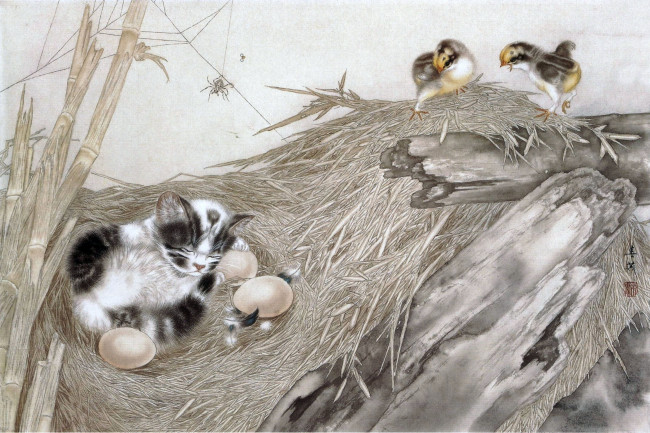 Обои картинки фото рисованные, животные, кот, гнездо, яйцо