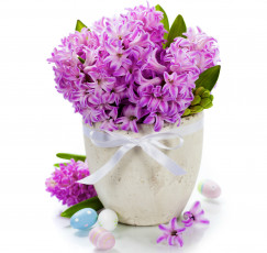 Картинка цветы гиацинты ваза фиолетовые яйца фон
