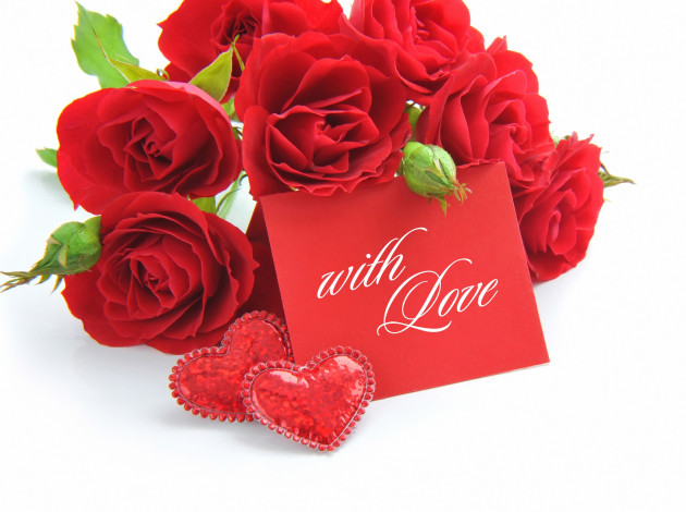 Обои картинки фото цветы, розы, открытка, сердечки, красные, фон