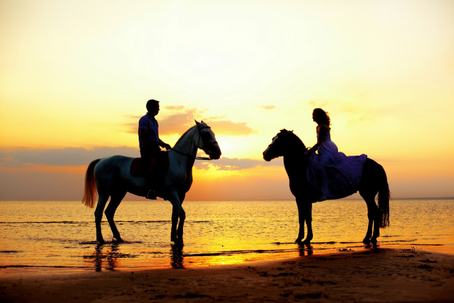 Обои картинки фото разное, мужчина женщина, парень, закат, лето, море, езда, лошади, любовь, девушка