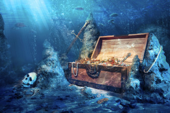 Картинка фэнтези фотоарт затонувшие ценности меч сокровища череп сундук подводное царство