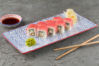 Картинка еда рыба +морепродукты +суши +роллы соевый соус восаби имбирь роллы