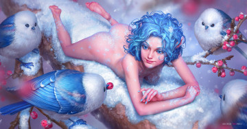 Картинка фэнтези феи эротика птицы снег фея взгляд ягода синие волосы ветки попа спина девушка
