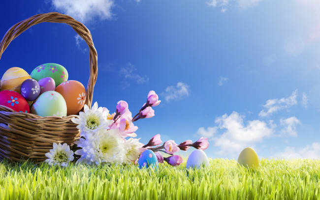Обои картинки фото праздничные, пасха, весна, корзина, солнце, easter, трава, happy, цветы, яйца, крашеные, spring, flowers, eggs, decoration