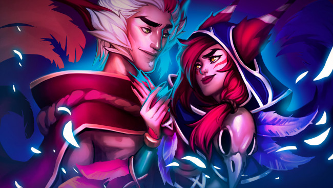 Обои картинки фото видео игры, league of legends, rakan, xayah, пара, крылья