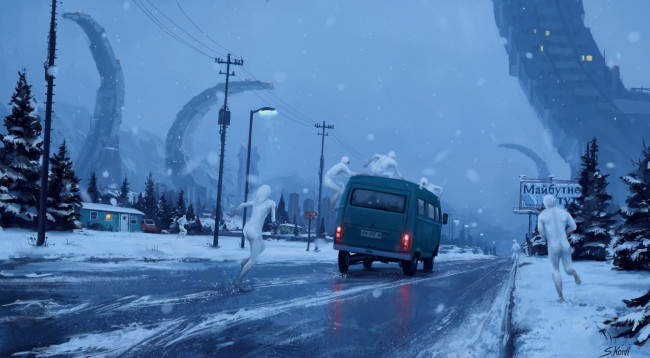 Обои картинки фото фэнтези, существа, машина, дорога, снег, лед, монстры, дома
