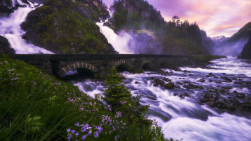 обоя latefossen waterfall, odda valley, norway, города, - мосты, latefossen, waterfall, odda, valley