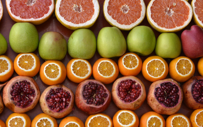 Обои картинки фото еда, фрукты,  ягоды, яблоки, гранаты, апельсины, грейпфруты