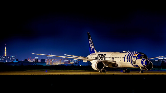 Обои картинки фото авиация, пассажирские самолёты, самолет, ночь, аэродром