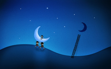 Картинка рисованные vladstudio ночь луна месяц звёзды лестница человечки