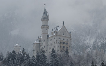 обоя города, замок, нойшванштайн, германия, горы, снег, зима