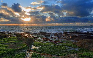 Картинка природа моря океаны облака побережье камни закат тихий океан