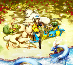 обоя аниме, pokemon, поляна, цветы, покемоны, девушка, разные, трава, арт, озеро, вода, идиллия, лежат