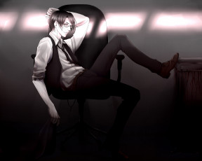 Картинка аниме psycho-pass взгляд парень кровь кресло костюм сидит