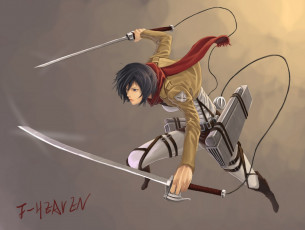 Картинка аниме shingeki+no+kyojin краски солдат шарф приспособления клинки полет спокойствие mikasa ackerman девушка
