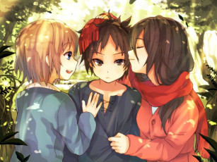 Картинка аниме shingeki+no+kyojin eren jaeger armin arelet деревья шарф три девушки mikasa ackerman