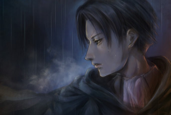 Картинка аниме shingeki+no+kyojin спокойствие взгляд rivaille парень yuuya art дождь солдат