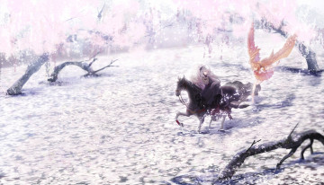 Картинка аниме pixiv+fantasia сакура девушка всадник озеро конь фея вода лепестки крылья