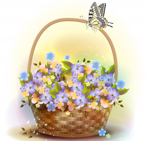 Обои картинки фото векторная графика, бабочка, цветы, корзина