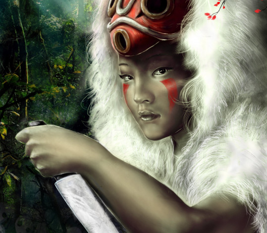 Обои картинки фото аниме, mononoke hime, принцесса, мононоке, маска, мех, лицо, рука, нож