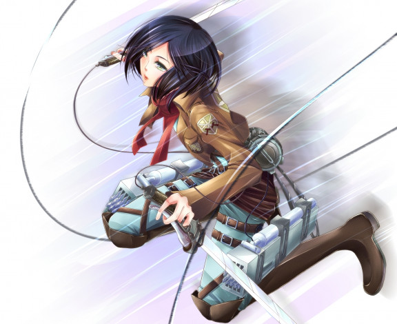 Обои картинки фото аниме, shingeki no kyojin, полет, mikasa, ackerman, девушка, art, солдат, клинки, пояс, приспособления