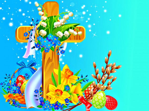 Обои картинки фото праздничные, пасха, корзина, яйца, цветы, крест, лоза