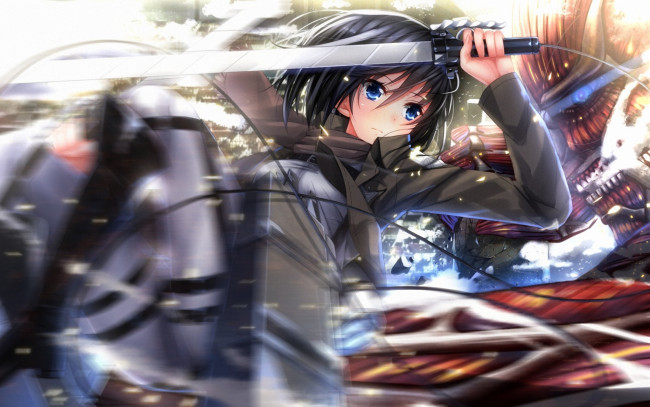 Обои картинки фото аниме, shingeki no kyojin, оружие, брюнетка, девушка