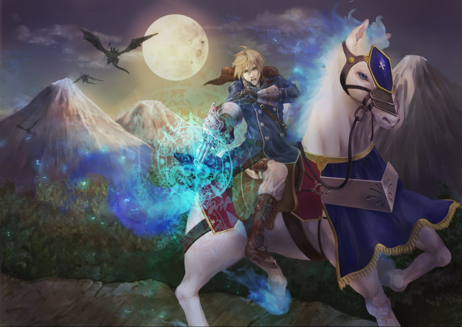 Обои картинки фото аниме, pixiv fantasia, драконы, всадники, конь, парень, горы, луна, магия