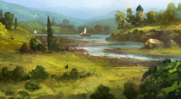 Картинка рисованное природа кошка трава зелень река пейзаж