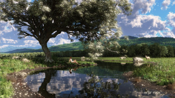 Картинка 3д+графика природа+ nature лес река девушка олень облака дерево