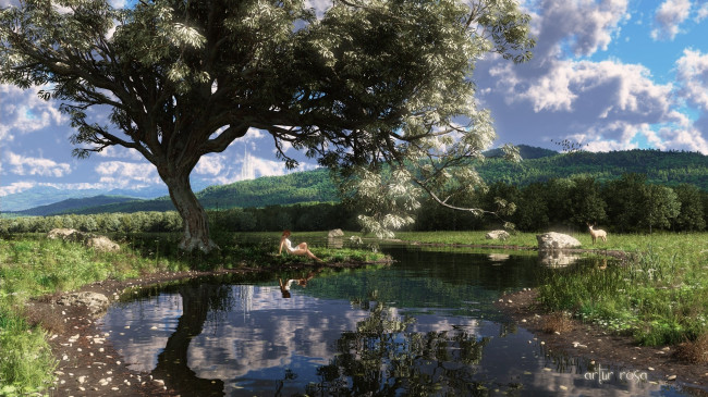 Обои картинки фото 3д графика, природа , nature, лес, река, девушка, олень, облака, дерево