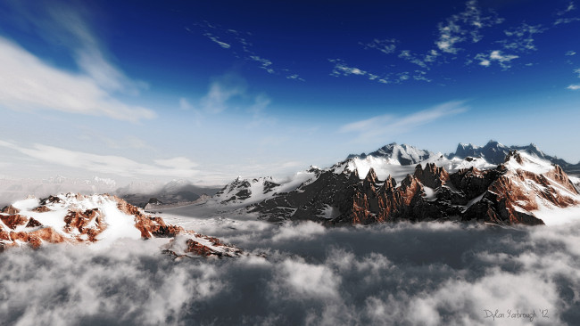 Обои картинки фото 3д графика, природа , nature, горы, снег, облака, небо