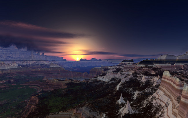 Обои картинки фото 3д графика, природа , nature, горы, канйон, закат