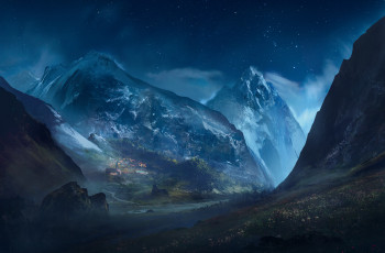 Картинка 3д+графика природа+ nature горы звезды звездное небо ночь город скалы арт пейзаж