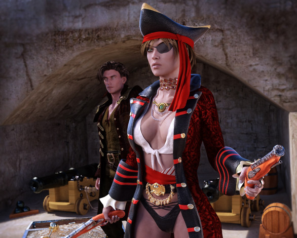 Обои картинки фото 3д графика, фантазия , fantasy, девушка, оружие, пират, фон, взгляд